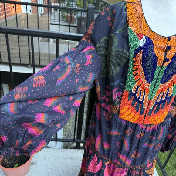 NWT Farm Rio mixed rainbow bird embroidered long sleeve dress Size XL - Picture 6 of 17